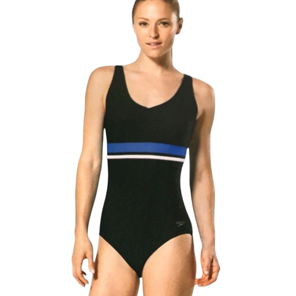 SPEEDO Women Large Black Strip One Piece Active Swimsuit Swim